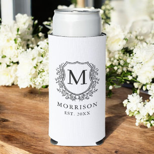 Monogram White Black Crest Botanical Wedding  Seltzer Can Cooler