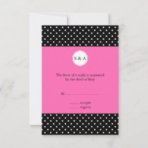 Monogram White Black, Hot Pink Polka Dot RSVP Card