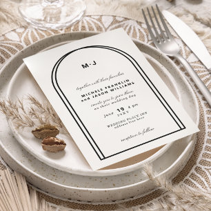 Monogram White Black Minimalist Arch Wedding Invitation