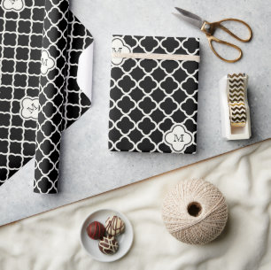 Monogram White & Black Quatrefoil Pattern Wedding Wrapping Paper
