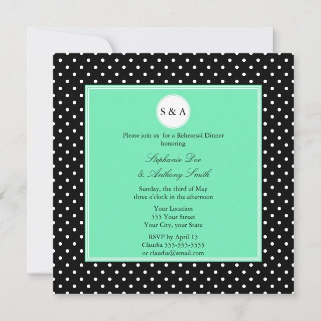 Monogram White Black, Seafoam Polka Dot Rehearsal Invitation (Front)