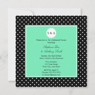 Monogram White Black, Seafoam Polka Dot Rehearsal Invitation