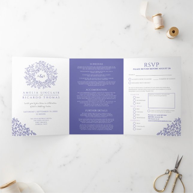 Monogram white blue leaves wedding Tri-Fold invitation (Inside)