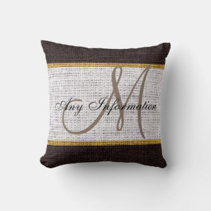 Monogram White & Brown Rustic Burlap Jute Cushion