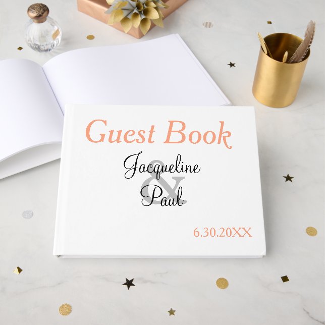 Monogram White Cantaloupe Blue Wedding Guest Book (Front Open)