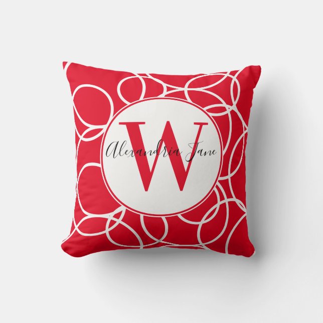 Monogram White Circles Red Modern Abstract Cushion (Front)