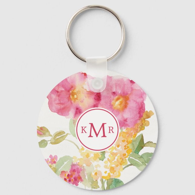 Monogram | White Daisy on Blue Key Ring (Front)