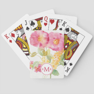 Monogram   White Daisy on Blue Playing Cards