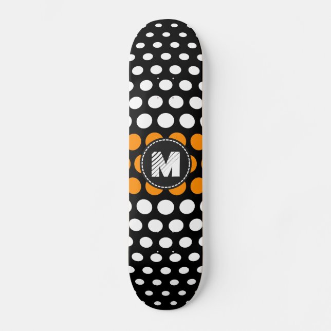 Monogram White & Dark orange Polka Dots Pattern Skateboard (Front)