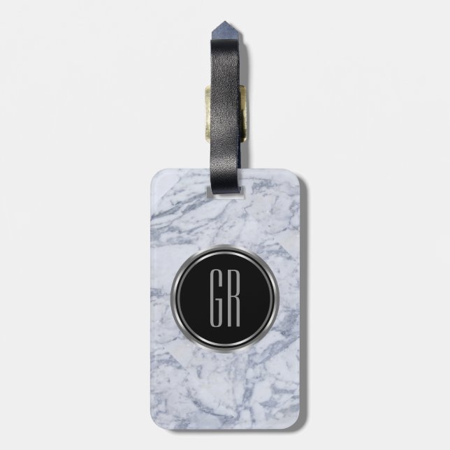 Monogram White Faux Marble Stone Pattern Luggage Tag (Back Vertical)
