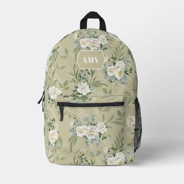 Monogram White Floral and Wavy Dots Printed Backpack (Front)
