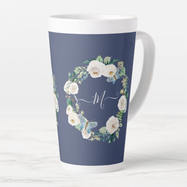Monogram White Floral Butterfly Watercolor Navy Latte Mug (Right Angle)