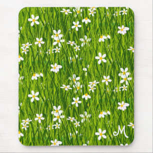 Monogram, White Flowers and Green Leaves Mouse Pad