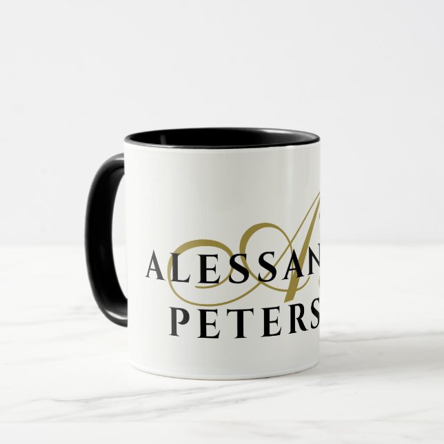 Monogram White Gold Black Name Minimalist Elegant Mug (Front Left)