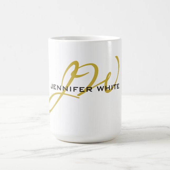 Monogram White Gold Colour Plain Modern Minimalist Coffee Mug (Center)