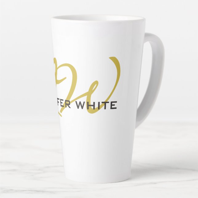 Monogram White Gold Colour Plain Modern Minimalist Latte Mug (Right Angle)