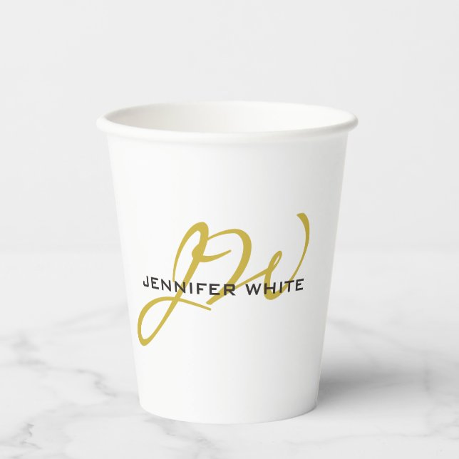 Monogram White Gold Colour Plain Modern Minimalist Paper Cups (Front)