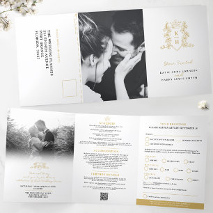 Monogram white gold crown wedding meal option RSVP Tri-Fold Invitation