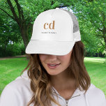Monogram white gold name elegant modern trucker hat<br><div class="desc">A classic chic white background. Personalise and add your monogram initials written with golden block letters and your name in black and golden. Modern,  trendy and simple.</div>