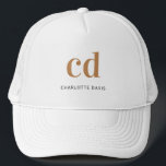 Monogram white gold name elegant modern trucker hat<br><div class="desc">A classic chic white background. Personalise and add your monogram initials written with golden block letters and your name in black and golden. Modern,  trendy and simple.</div>