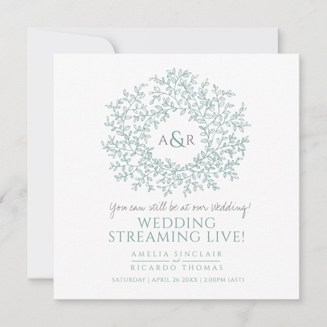 Monogram white green leaves wedding live stream announcement (Front)