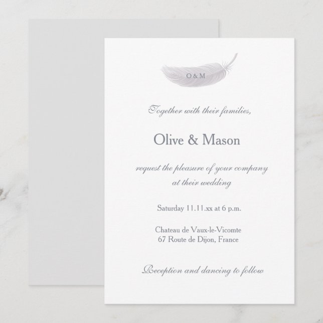 Monogram White Grey Angel Feather Elegant Wedding Invitation (Front/Back)