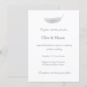 Monogram White Grey Angel Feather Elegant Wedding Invitation