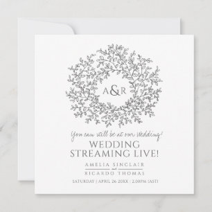 Monogram white grey leaves wedding live stream announcement