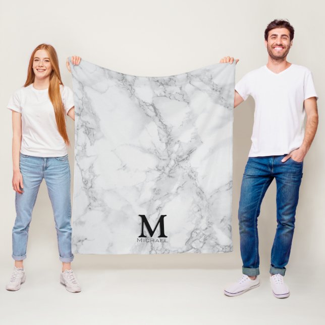 Monogram White Grey Marble Fleece Blanket (In Situ)