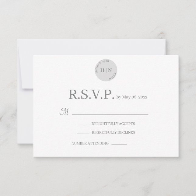 Monogram White Grey Modern Minimalist Wedding RSVP Invitation (Front)