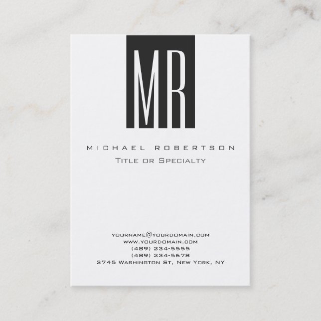 Monogram White Grey Stripe Chubby Business Card (Front)