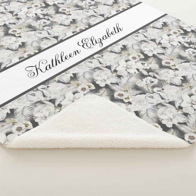 Monogram White Grey Swan Floral Elegant Stylish  Sherpa Blanket (3/4)