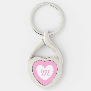 Monogram White heart on Cotton Candy Pink Key Ring