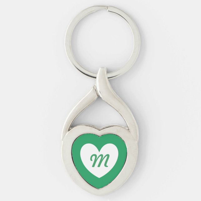 Monogram White heart on Kelly green Key Ring (Front)