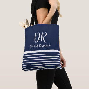 Monogram White Horizontal Stripes elegant blue Tote Bag
