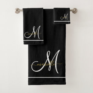 Monogram White Initial Gold Script Name  Bath Towel Set
