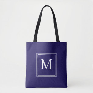 Monogram White Initial Navy Blue Tote Bag