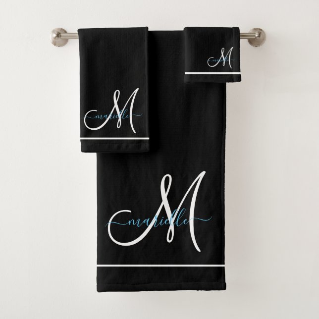 Monogram White Initial Turquoise Script Name  Bath Towel Set (Insitu)