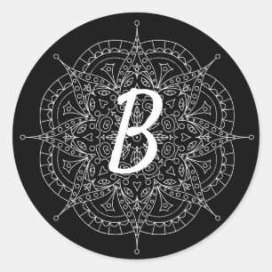 Monogram White Lace On Black Classic Round Sticker