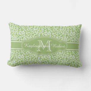 Monogram White Leafy Pattern on Apple Green Lumbar Cushion