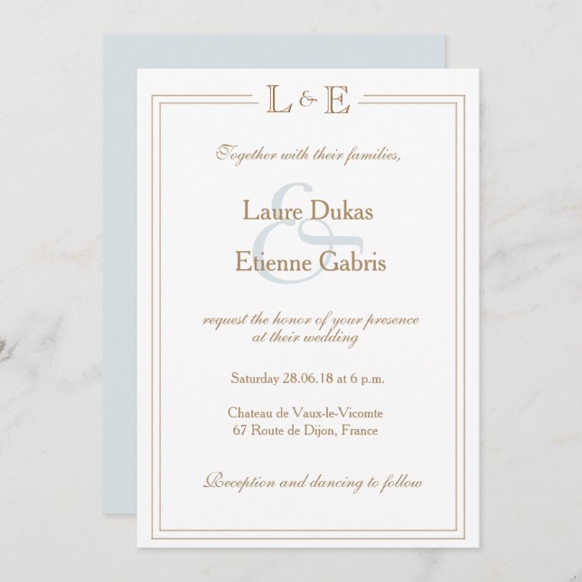 Monogram white light blue ampersand modern wedding invitation (Front/Back)