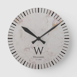 Monogram White Marble Black Initial & Custom Name Round Clock