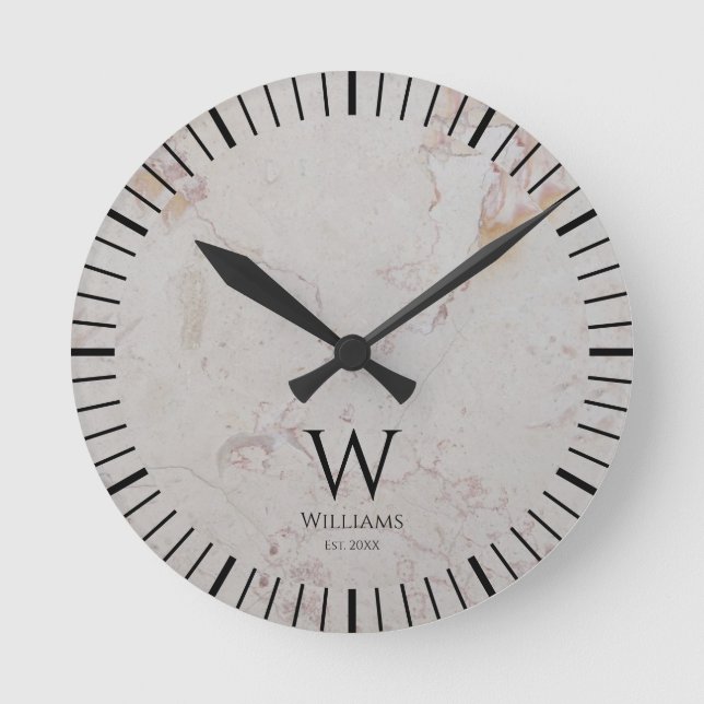 Monogram White Marble Black Initial & Custom Name  Round Clock (Front)