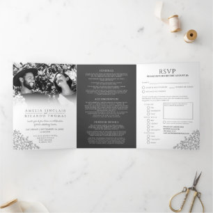 Monogram white monotone leaves wedding all-in-one Tri-Fold invitation