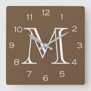 Monogram White Numbers On Brown wccn Square Wall Clock