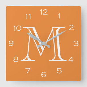 Monogram White Numbers On Orange wccn Square Wall Clock