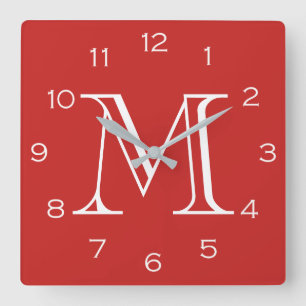 Monogram White Numbers On Red wccn Square Wall Clock