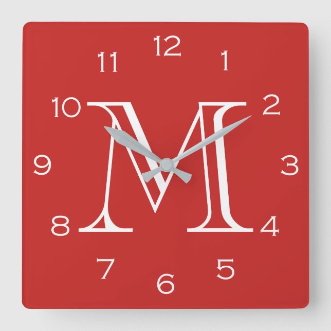 Monogram White Numbers On Red wccn Square Wall Clock (Front)