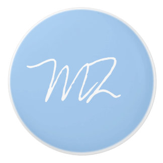 Monogram White on Baby Blue Ceramic Knob