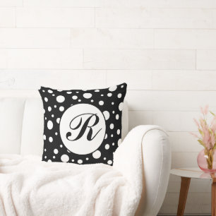 Monogram White on Black Polka Dot Pattern Cushion